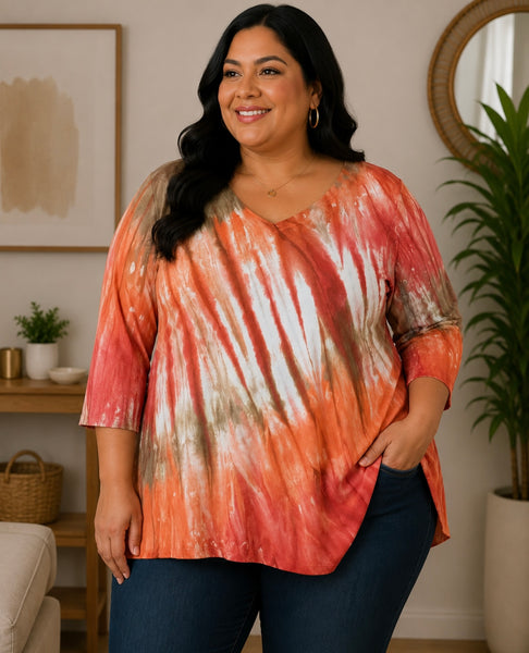 V neck Tunic - River Wash - Red/Orange/Brown