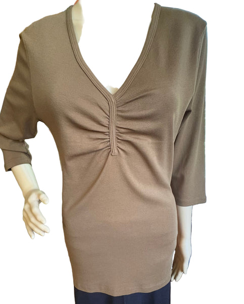 Solid Pinched V-neck Top - Toffee