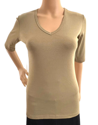 Solid Elbow Sleeves V neck - Khaki