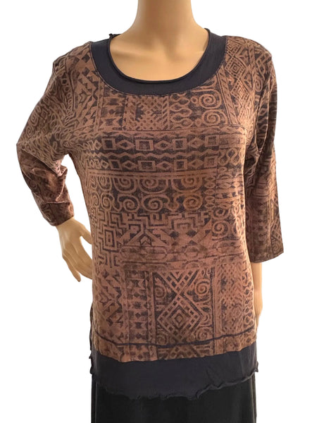 Tribal Ornaments - Layered Hem top - Navy / Brown
