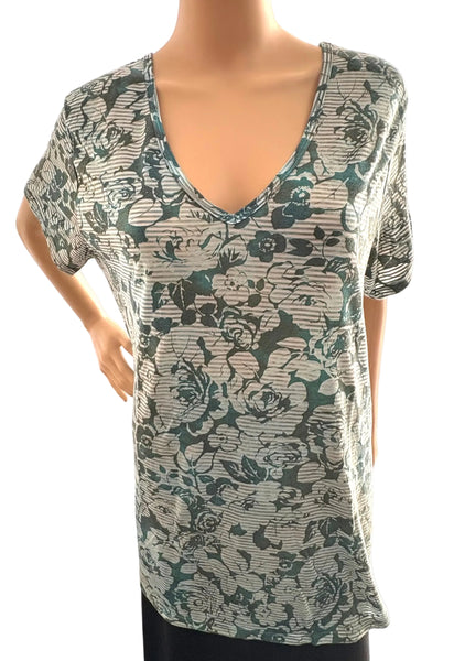 Striped Roses V neck Top - Green
