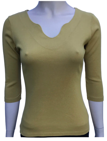 Solid Split V neck top - Curry