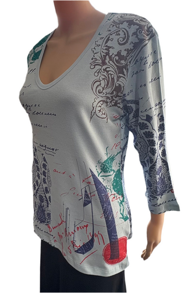 Indigo Damask V neck - Baby Blue