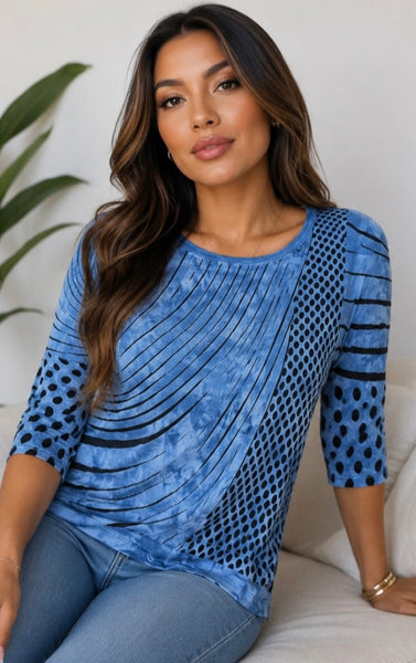 Stripes and Dots Roll up round-neck - Blue Crystal Wash
