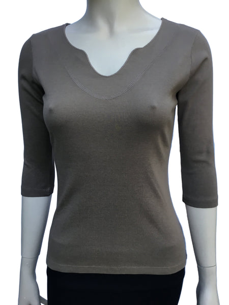 Solid Split V neck top Moss Brown