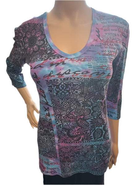 Inspirational Quotes V neck - Fuschia/Blue