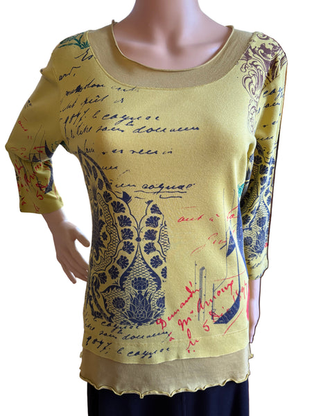 Indigo Damask Layered Hem top - Chartreuse Green