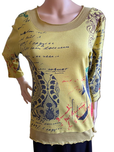 Indigo Damask Layered Hem top - Chartreuse Green