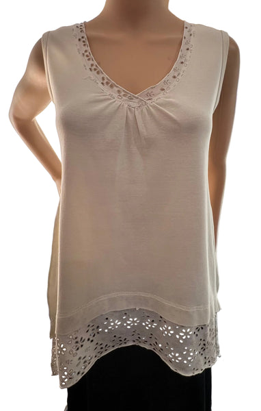 Floral Lace Solid sleeveless V neck Tunic - Ivory