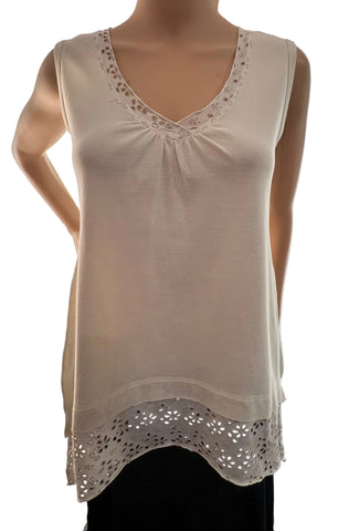 Floral Lace Solid sleeveless V neck Tunic - Ivory