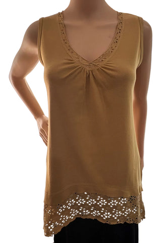 Floral Lace Solid sleeveless V neck Tunic - Curry