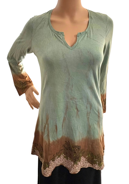 Embroidery Rose Print- Split Round Neck Tunic- Green