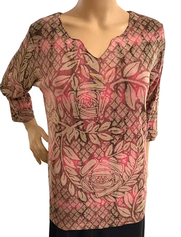 Lattice Rose peperprint - Split V-neck - Brown/Coral Combo