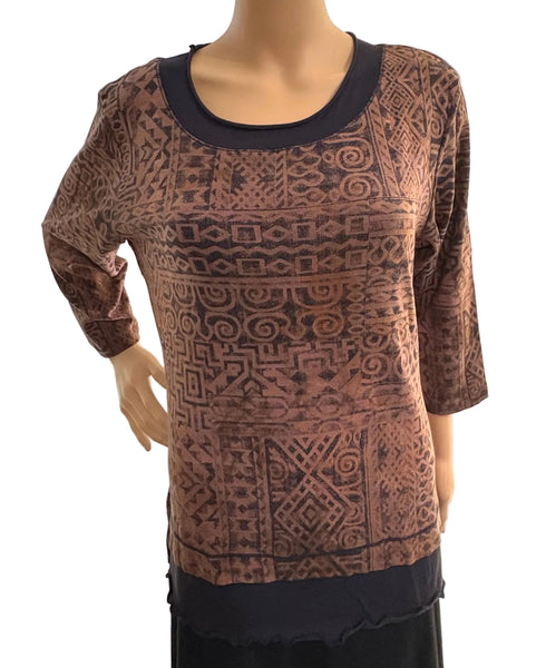 Tribal Ornaments - Layered Hem top - Navy / Brown
