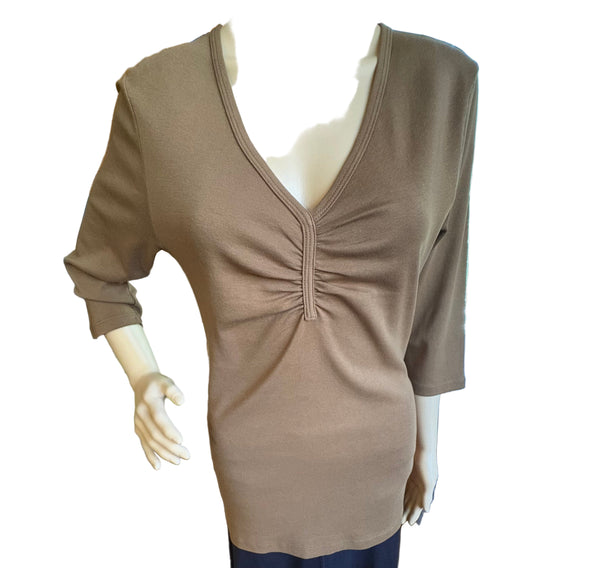 Solid Pinched V-neck Top - Toffee