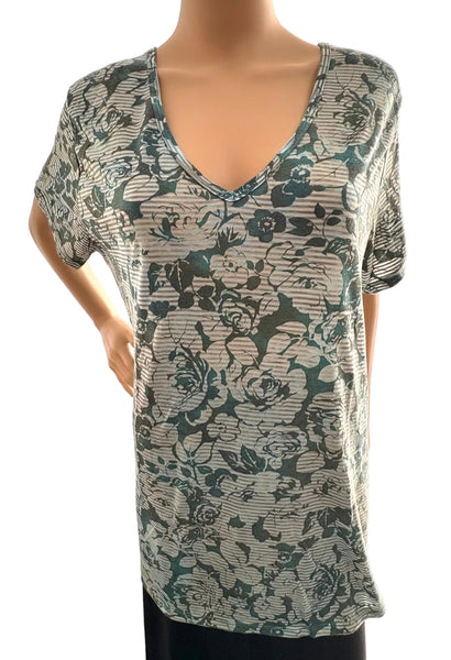 Striped Roses V neck Top - Green