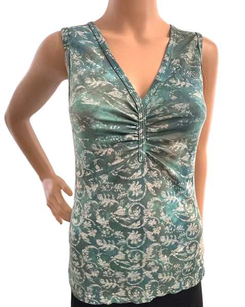 Vine Print Pinched V Neck Top - Spring Green