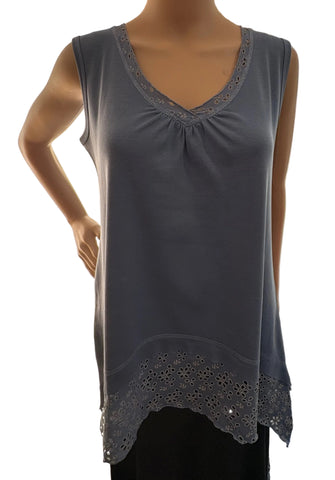Floral Lace Solid sleeveless V neck Tunic - Denim