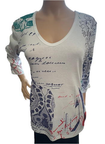 Indigo Damask V neck - White