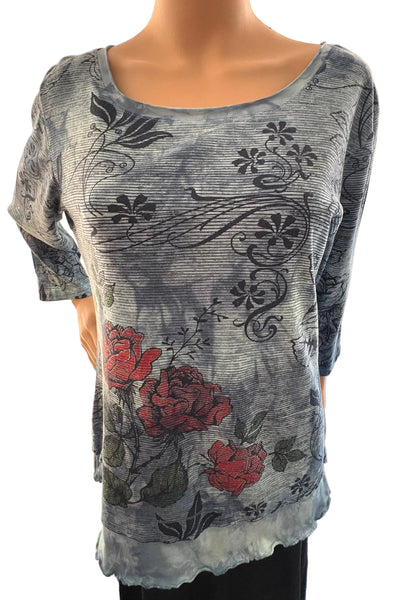 Woodcut Rose Layered Hem Top - Indigo