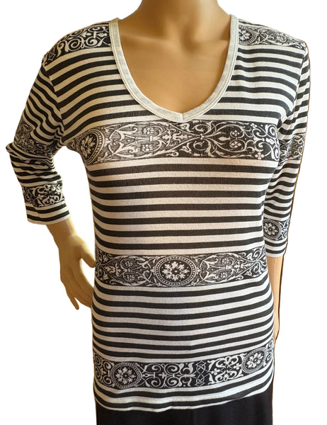 Baroque Stripes V-Neck Top - Black/White
