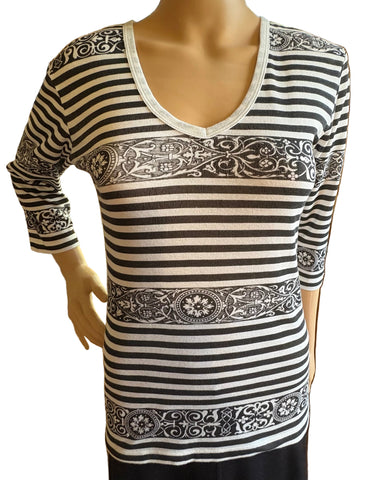 Baroque Stripes V-Neck Top - Black/White