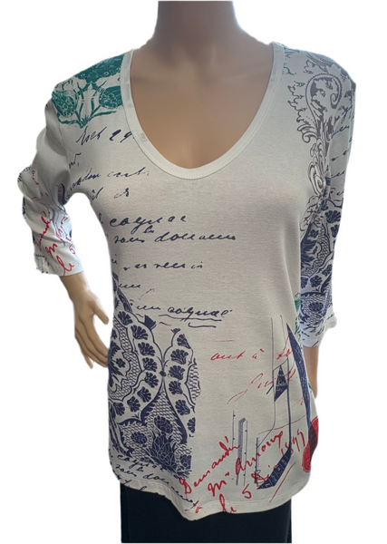 Indigo Damask V neck - White