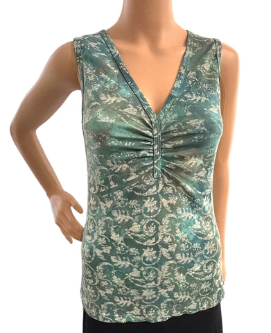 Vine Print Pinched V Neck Top - Spring Green