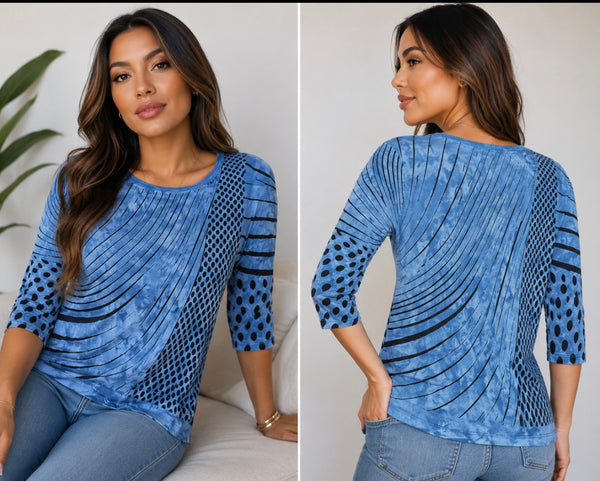 Stripes and Dots Roll up round-neck - Blue Crystal Wash