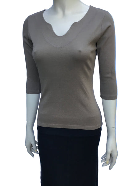 Solid Split V neck top Moss Brown