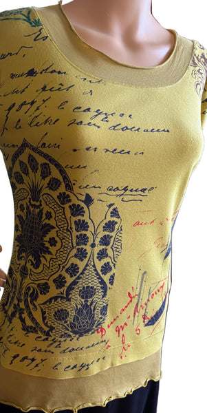 Indigo Damask Layered Hem top - Chartreuse Green