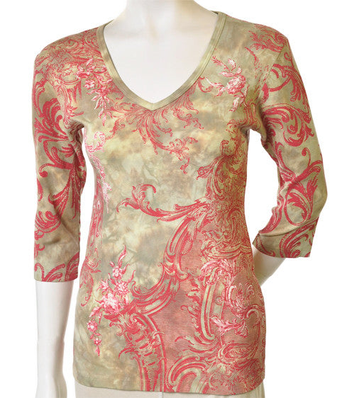 Florid Ornament V neck - Khaki/Rust