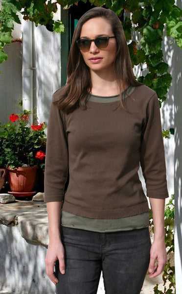 Solid Layered hem top - Brown/Olive