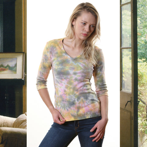Botanical wash V neck - Pink/Sage/Yellow