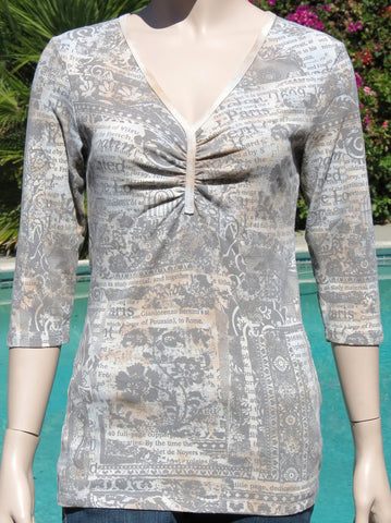 Pinched V neck Paris Flowers - Stone