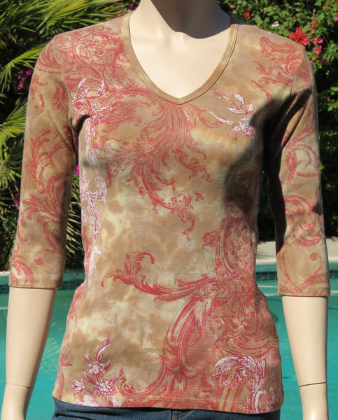 Florid Ornament V neck - Khaki/Rust