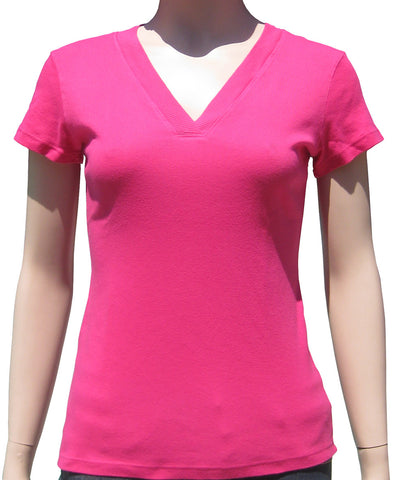 Petite Size - Solid Ribbed V neck Short Sleeve T - Candy