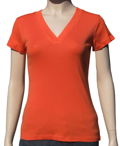 Petite Size - Solid Ribbed V neck Short Sleeve T - Mandarin Orange