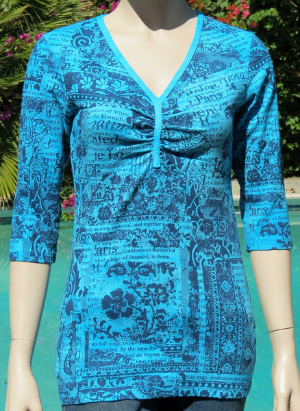 Paris Flowers Pinched V neck - Navy/Turquoise