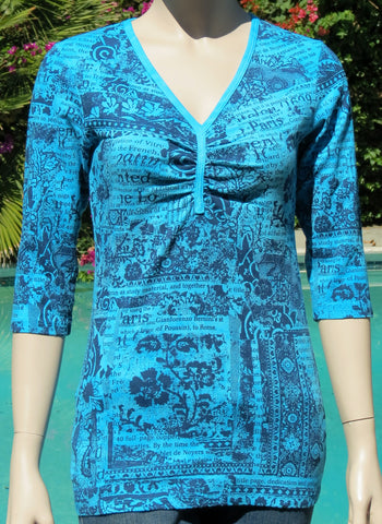 Paris Flowers Pinched V neck - Navy/Turquoise