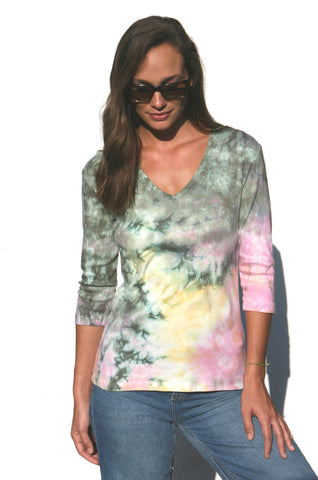 Carrera wash V neck - Olive/Pink/Gold