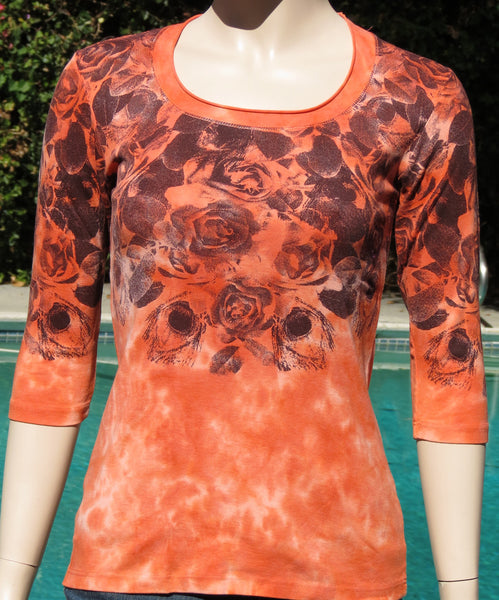 S size Only - Roses Roll up round-neck Top - Orange