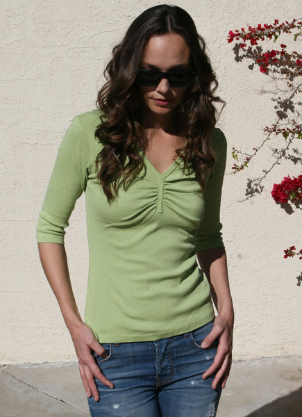 Solid Pinched V Neck - Lawn Green