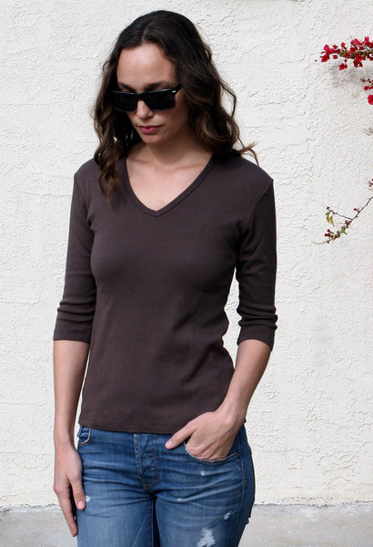 Solid V Neck Top - Coffee Brown