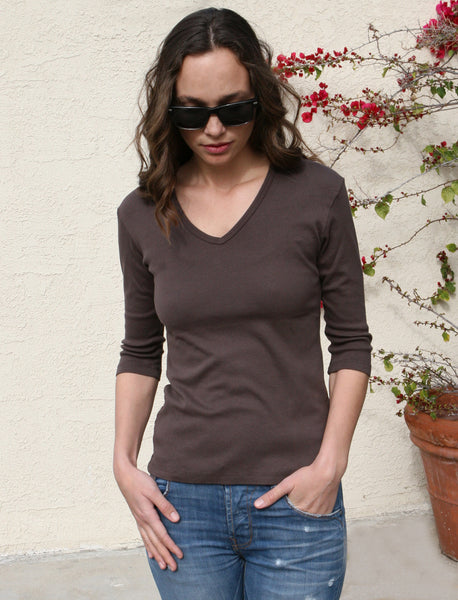 Solid V Neck Top - Coffee Brown