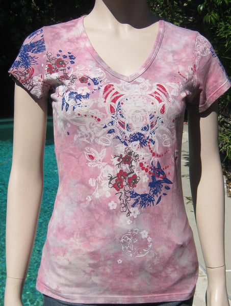 Size S only - Short Sleeves V Neck - Floral print Cloud Wash