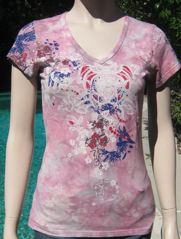 Size S only - Short Sleeves V Neck - Floral print Cloud Wash