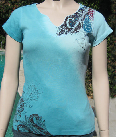 Printed Split V short sleeves top - Aqua combo