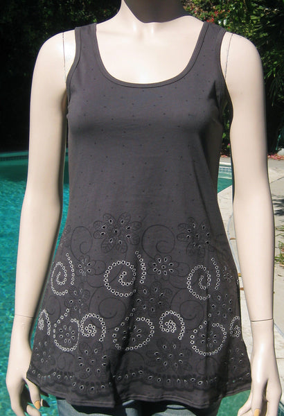 Sleeveless Long Tunic - Whimsical Flowers Charcoal/White