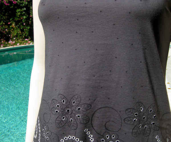 Sleeveless Long Tunic - Whimsical Flowers Charcoal/White